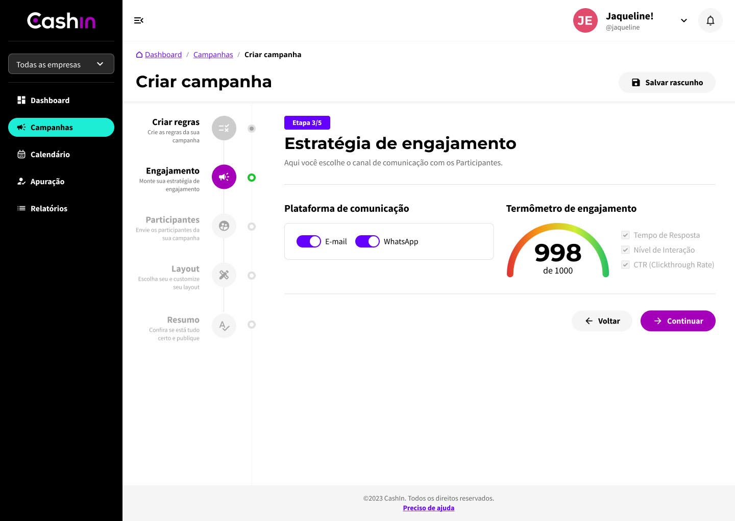 Cashin Engaje - tela de Criação de Campanhas do pianel de gestão de campanhas