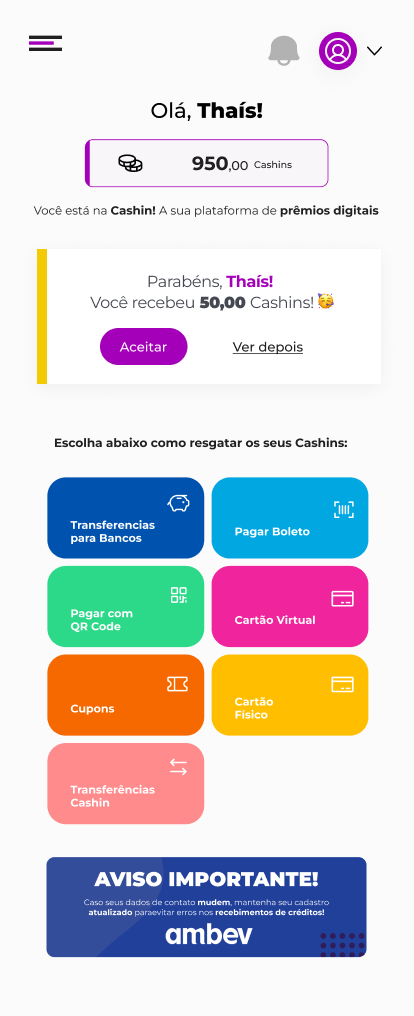 Tela do Webapp Mobile da Cashin para os colaboradores