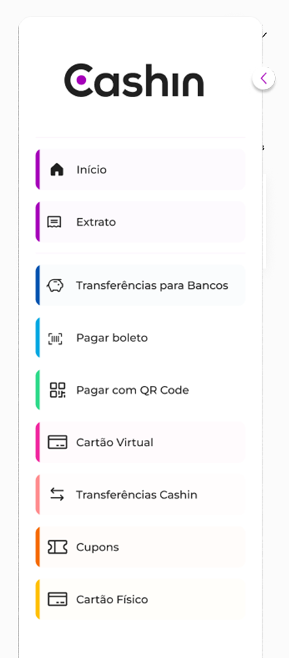 Zoom do menu do Webapp Mobile da Cashin para os colaboradores 