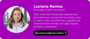 Imagem de mini bio com foto profissional e texto apresentando a autora, destacando sua experiência em liderança comercial e atuação na Cashin.